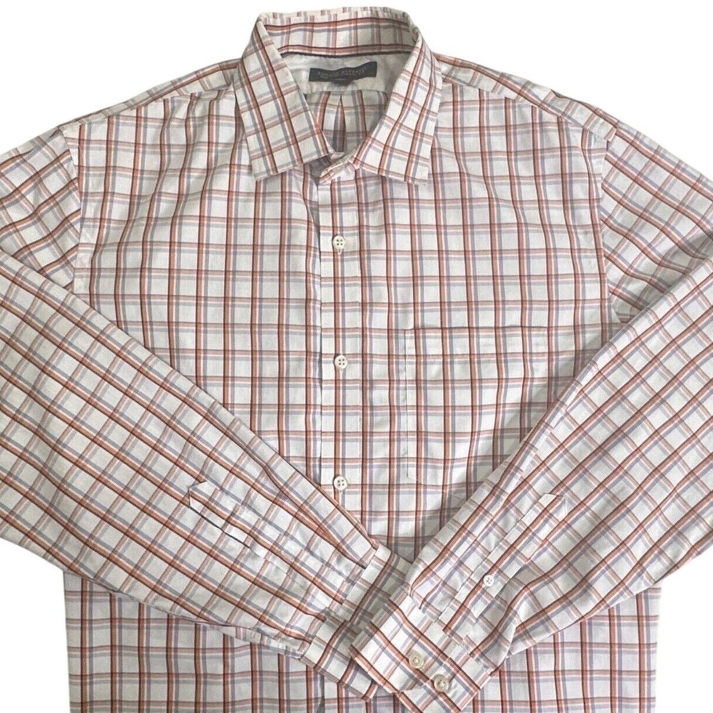 Banana Republic Mens Button‎ Down Shirt Large Orange Blue Plaid Non Iron Classic